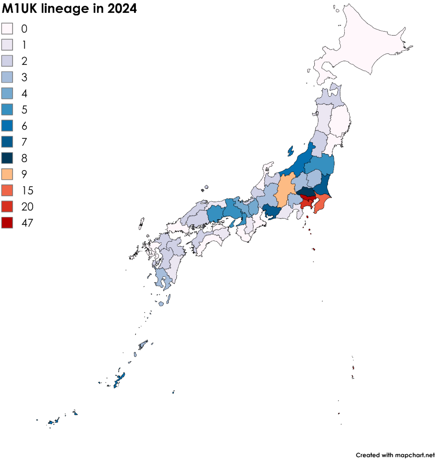 図2．国立感染症研究所細菌第一部に送付された劇症型溶血性レンサ球菌感染症(STSS)患者由来の検体から分離された都道府県別のM1UK系統株数（2024年1月1日以降発症）（2024年6月19日現在）