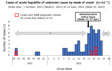 Graph showing weekly cases of acute hepatitis of unknown cause from October 2021 to June 2022. Y-axis shows number of cases (0-9), X-axis shows onset week. Blue bars represent total cases (n=61), while red bars indicate cases meeting diagnostic criteria for acute liver failure (n=4). Administrative notice issued in week 17 (27 April) is marked with an arrow. Cases peaked during weeks 15-19 of 2022, with maximum 7-8 cases per week. Double-headed arrow at top indicates the timeline of case distribution.