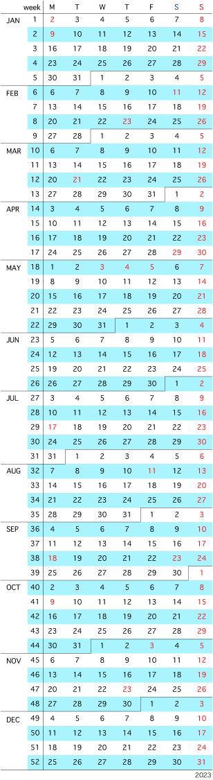 A calendar for 2023 displaying week numbers (1-52) with each week's dates (Monday through Sunday) and weekends highlighted in red. The calendar is titled 