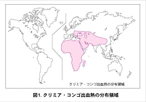 クリミア・コンゴ出血熱の分布領域を示す世界地図。アフリカ大陸全域、中東、中央アジアの一部が薄いピンク色で着色され、分布地域として示されている。その他の地域（南北アメリカ大陸、ヨーロッパ、東アジア、オーストラリアなど）は白色で示されている。地図は輪郭線のみのシンプルな表現で、国境線は描かれていない。