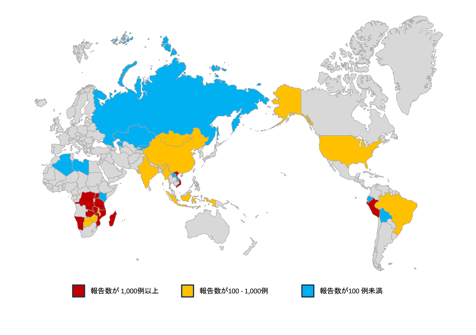 ペスト報告数の世界分布を示す世界地図。3段階の色分けで報告数を表示：赤色（1,000例以上）はアフリカ中部と南米の一部、オレンジ色（100-1,000例）は中国、米国、ブラジルなど、水色（100例未満）はロシアと北アフリカの一部地域に分布。大部分の国（グレー）では報告なし。