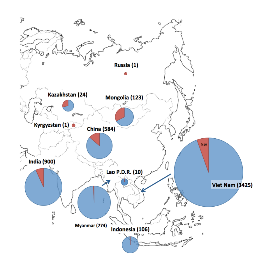 アジアにおける分布を示す地図。各国の症例数を円グラフで表示しており、大きさは報告数に比例。ベトナムが最多の3425例、次いでインド900例、ミャンマー774例、中国584例と続く。その他、モンゴル(123例)、インドネシア(106例)、カザフスタン(24例)、ラオス(10例)、ロシアとキルギスタン(各1例)が報告。円グラフは青と赤の2色で構成され、大半が青色で占められている。