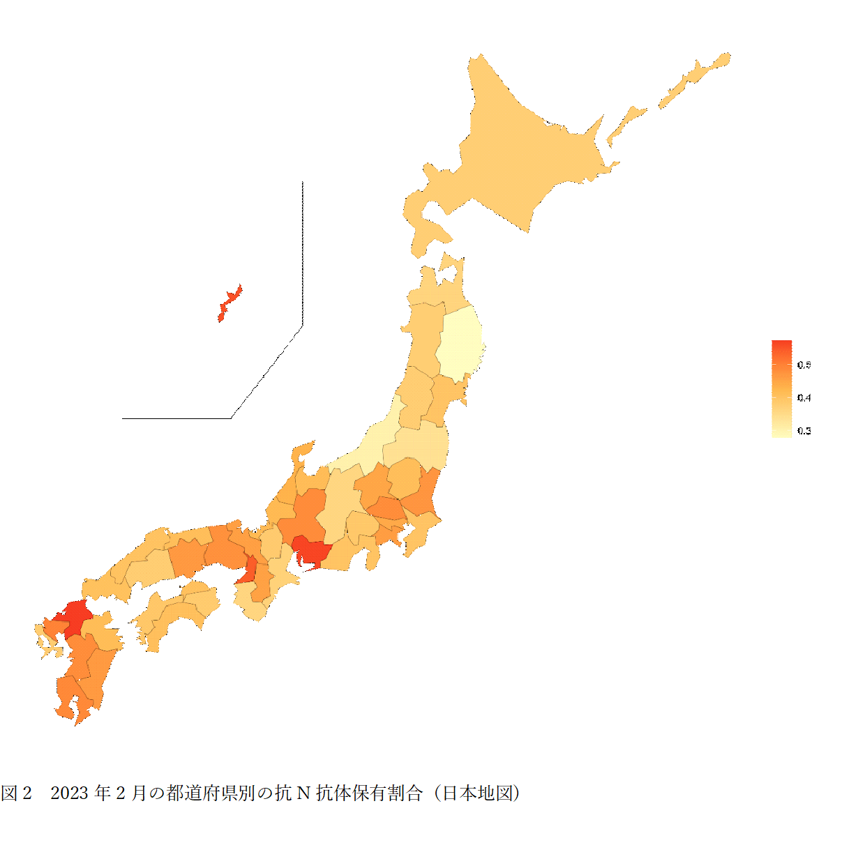 2023年2月の都道府県別の抗N抗体保有割合（日本地図）の画像