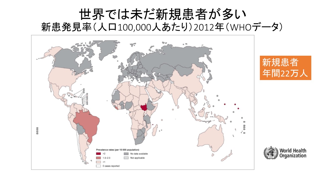 図：世界地図 国ごとにおける新規患者の発見率を表している。データは20212年のもので、WHOによるものを引用している