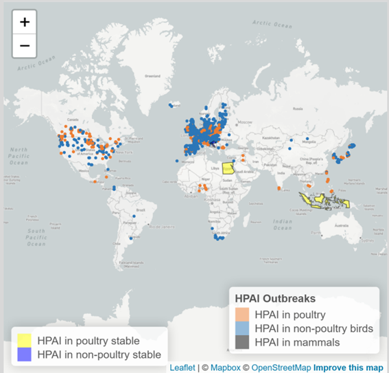 図2 鳥および哺乳類におけるHPAIV感染事例の報告状況 2025年10月以降、2025年12月時点