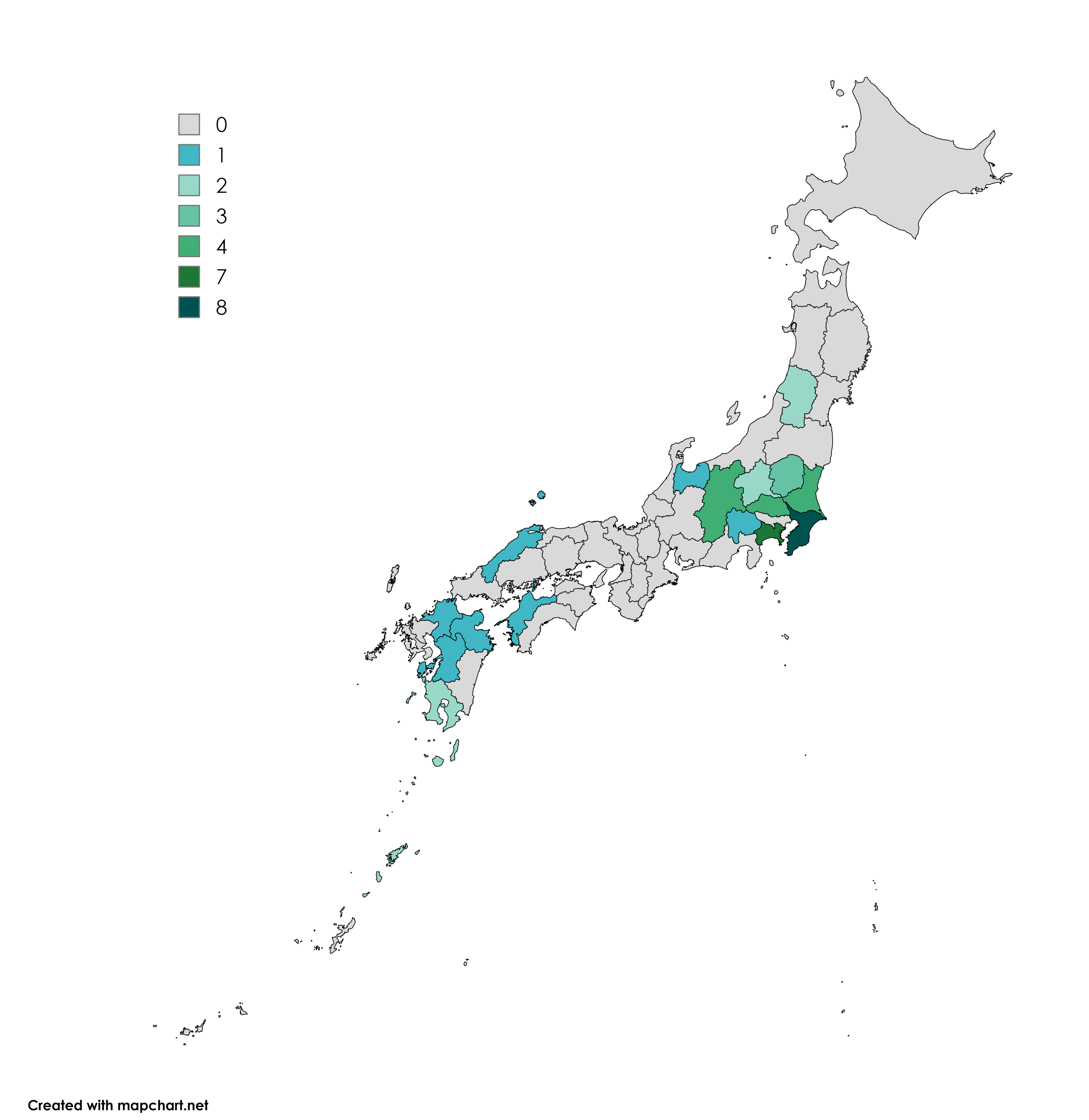 国立感染症研究所 細菌第一部に送付されたSTSS患者由来の検体から分離された 都道府県別のM1UK系統株数の画像